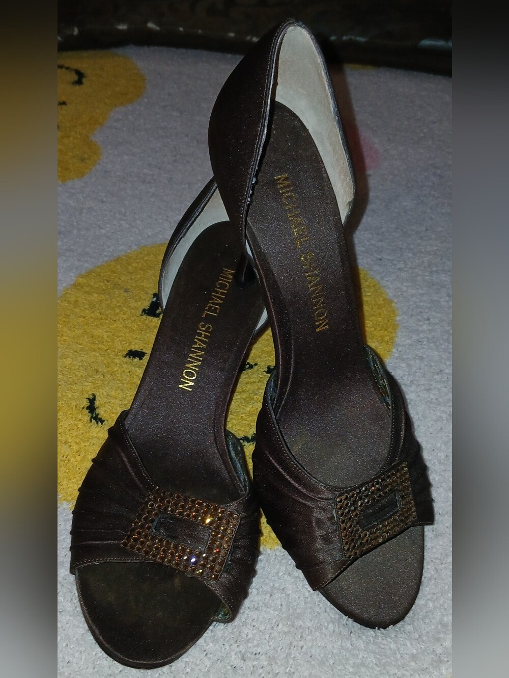 Pre-loved Michael Shannon Brown Satin Open-Toe Heels.